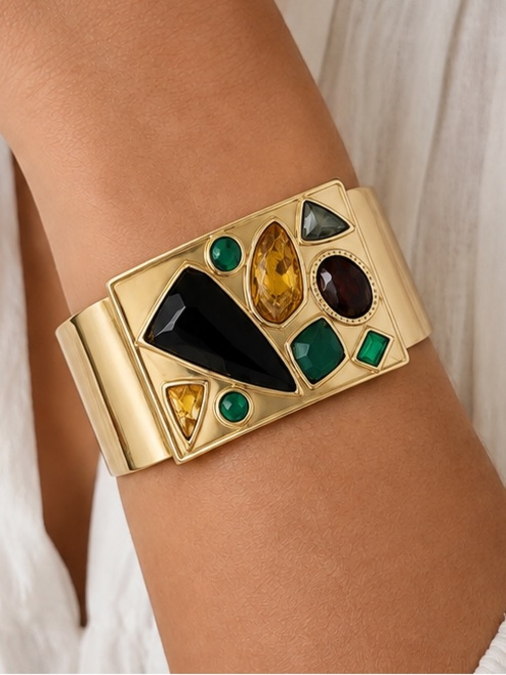 NEW - Glam Wide Gold Metal Multicolor Gemstone Boho Chic Cuff Bracelet